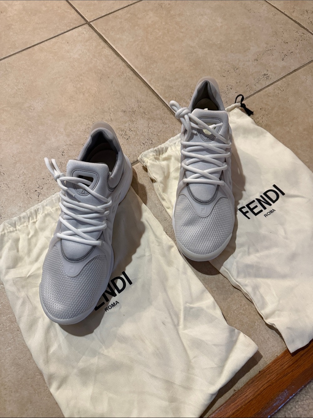 Fendi All-White Mesh & Leather Lace-Up Sneakers